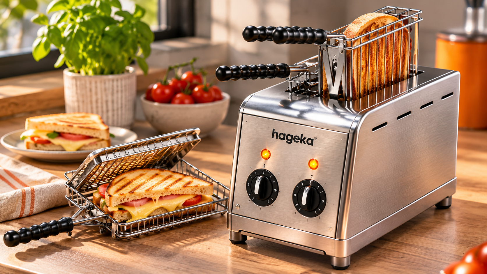 Der neue hageka Volkstoaster 01 aus Edelstahl in einer Küche, daneben ein frisch geröstetes Sandwich im Toastkorb